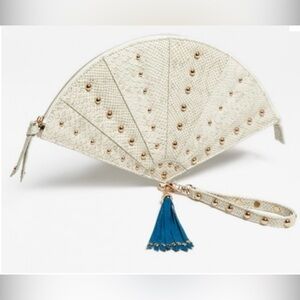 Vintage Nila Anthony White and Gold Fan-Shaped Clutch with Teal Tassel